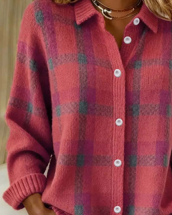 Strickjacke Karomuster Hemdkragen Geknöpft