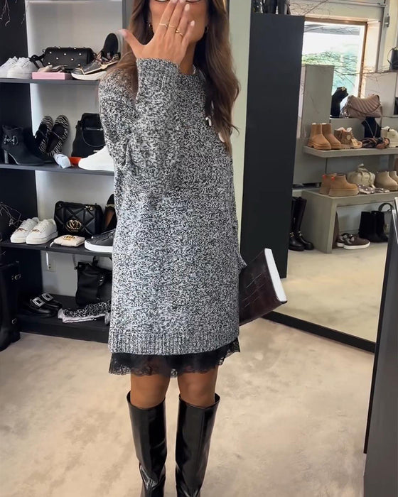 Unifarbenes langärmeliges Strickkleid mit Patchwork