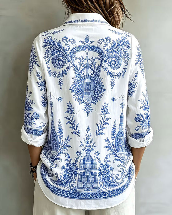 Hemd Blau Porzellan Druck Revers