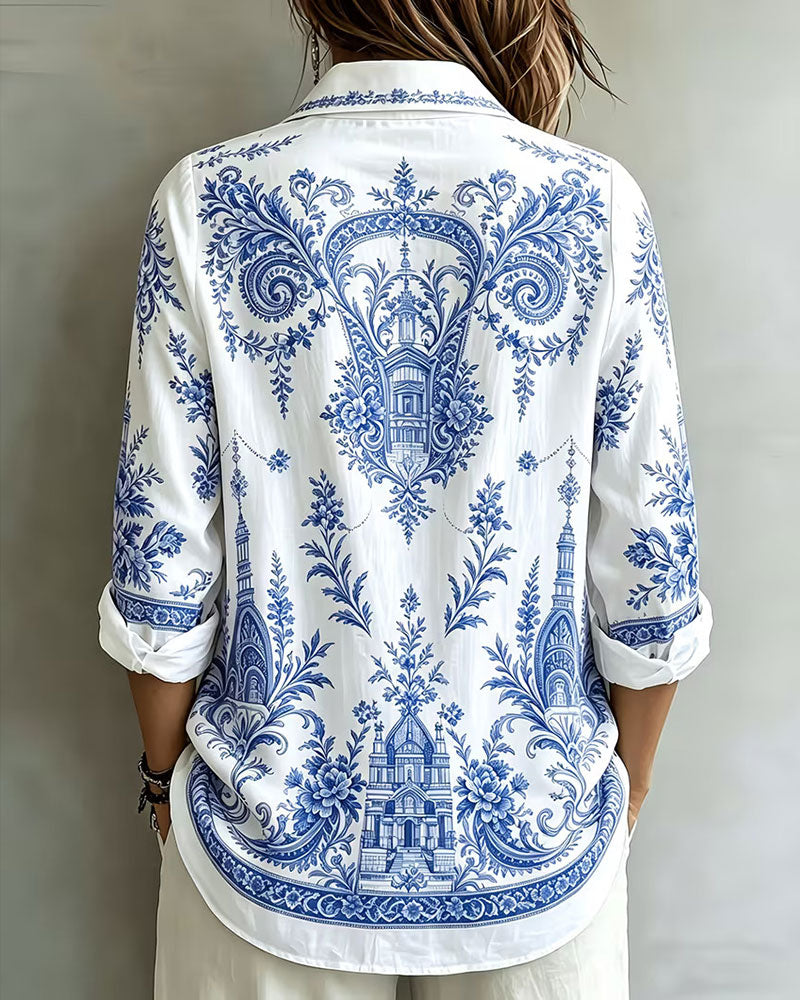 Hemd Blau Porzellan Druck Revers