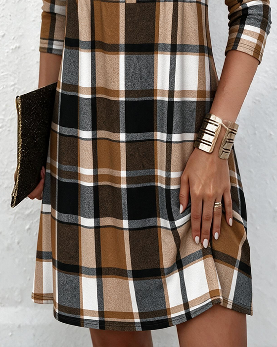 Kleid V-Ausschnitt Knopf Karo