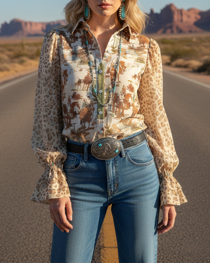 Hemd Revers Vintage Druck Puffärmel