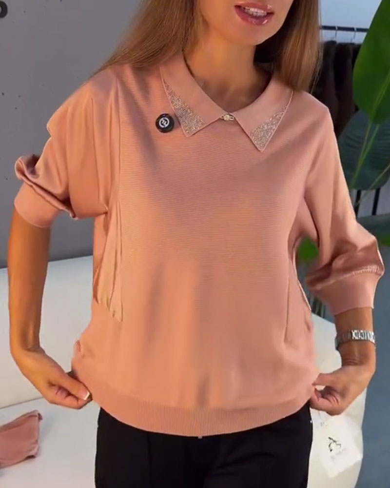 Pullover Revers Ellenbogenlang Ärmel Gestrickt Elegant