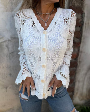 Cardigan Spitze V-Ausschnitt Langarm