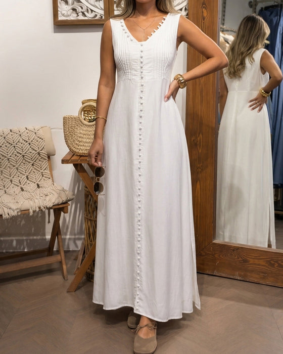 Kleid Ärmellos Knopf Vorne Weiß Maxi
