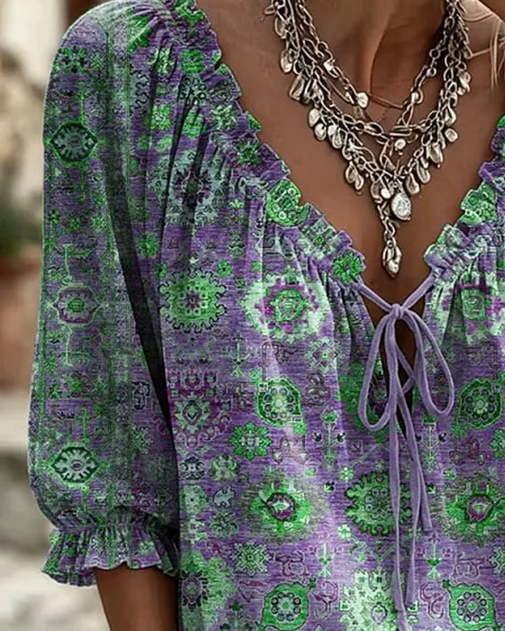 Bluse V-Ausschnitt Bindung Vintage Print