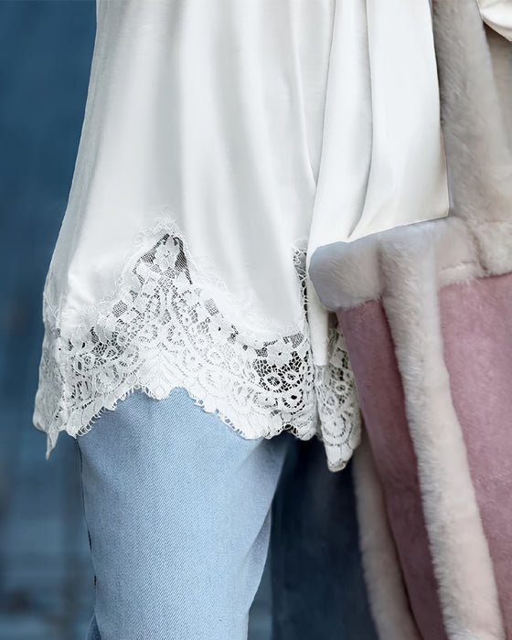 Bluse Spitze V-Ausschnitt Langarm locker