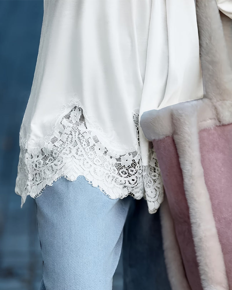 Bluse Spitze V-Ausschnitt Langarm locker