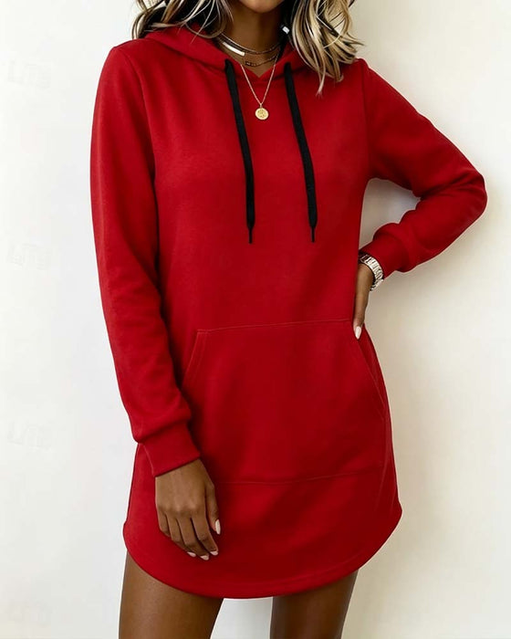 Sweatshirtkleid Einfarbig Geschwungener Saum Kapuze