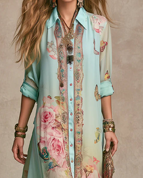 Kleid Revers Schmetterling Rose Print