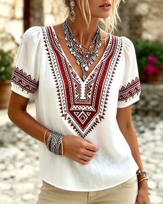 Bluse V-Ausschnitt Bohemian Puffärmel