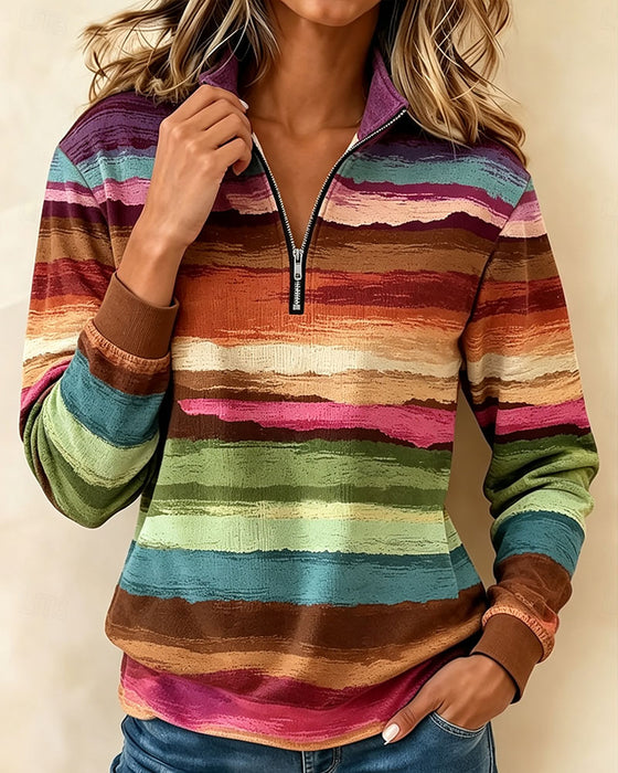 Sweatshirt Vintage Bunt Gestreift Halber Reißverschluss Stehkragen Langarm