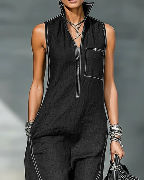 Jumpsuits Mandarin Kragen Ärmellos Schwarz Und Weiß Breites Bein