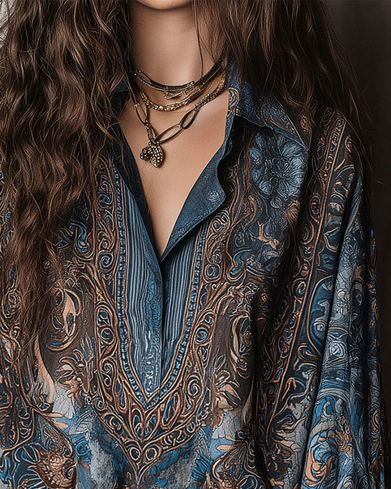 Bluse Retro Druck V-Ausschnitt Revers Raffiniert