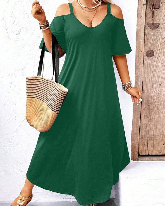 Kleid Einfarbig V-Ausschnitt Off-Shoulder Lang