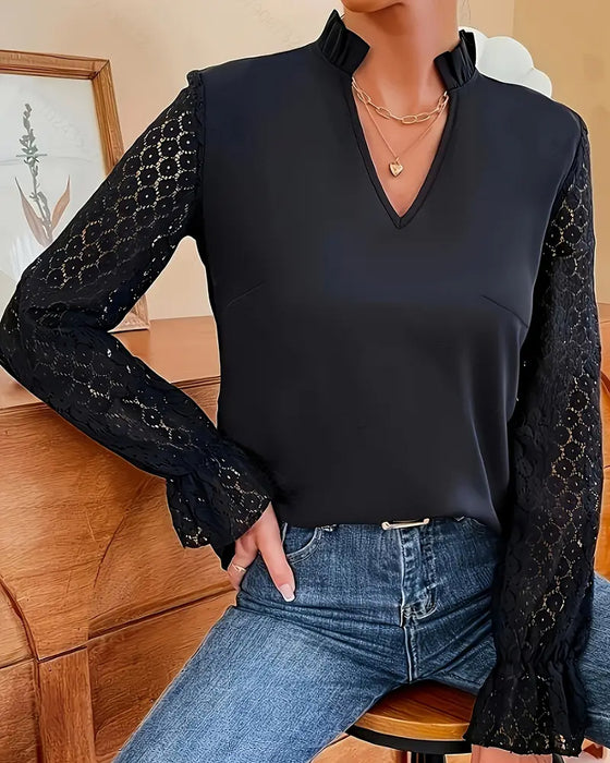 Bluse mit V-Ausschnitt Spitze und langen Ärmeln