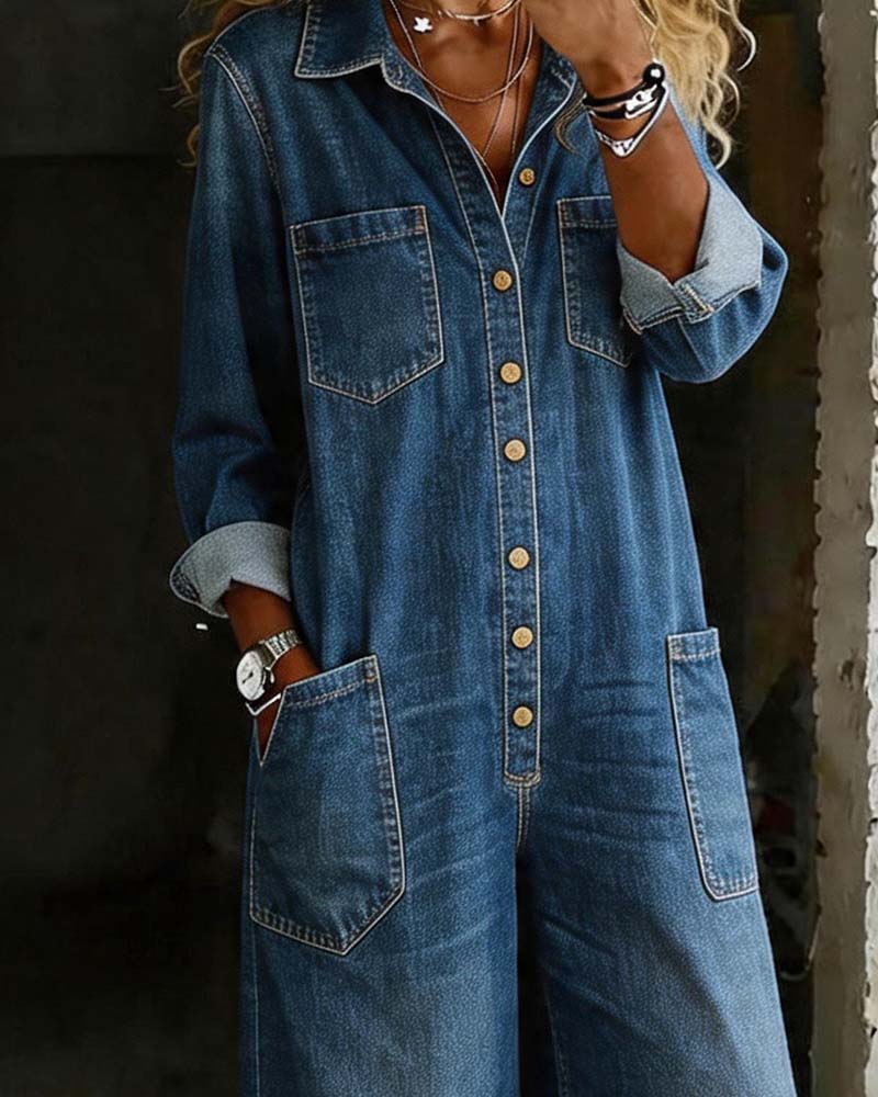 Jumpsuit Cowboy Lässig Locker Große Tasche