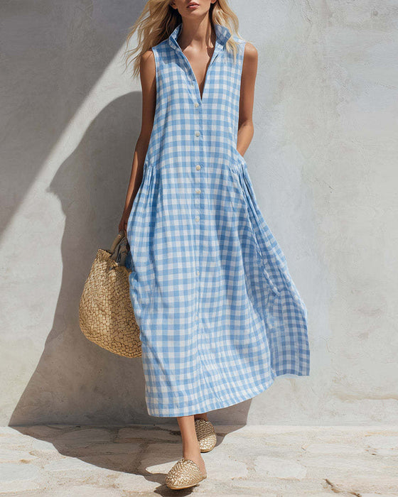 Kleid Revers Blau Und Weiß Kariert Ärmellos