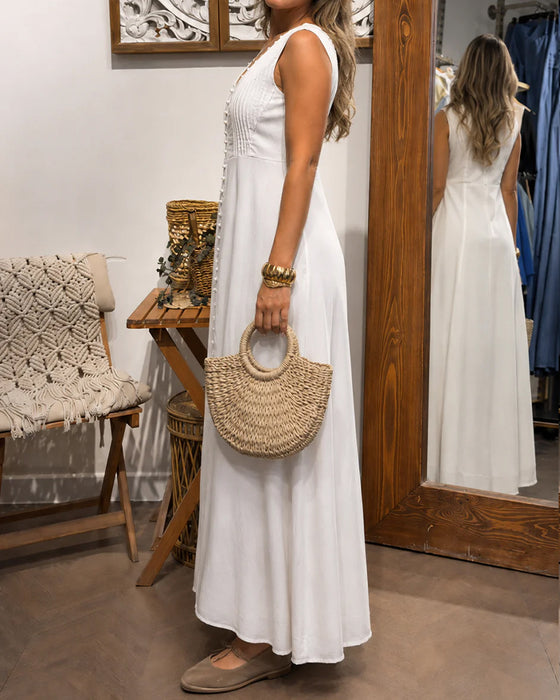 Kleid Ärmellos Knopf Vorne Weiß Maxi