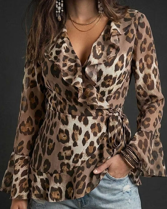 Bluse Rüsche Ärmel Leopard Druck