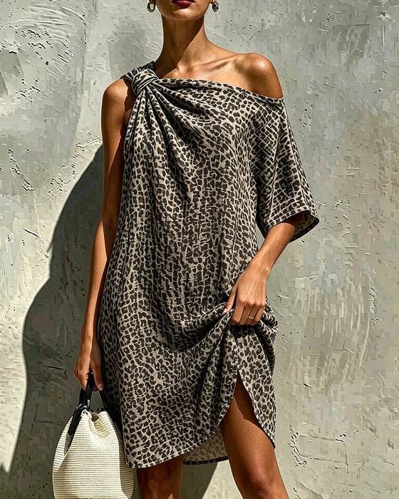 Kleid Leopardenmuster Ein-Schulter-Drehung