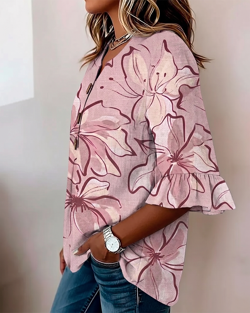 Bluse V-Ausschnitt Blumen Rüsche 3/4-Arm