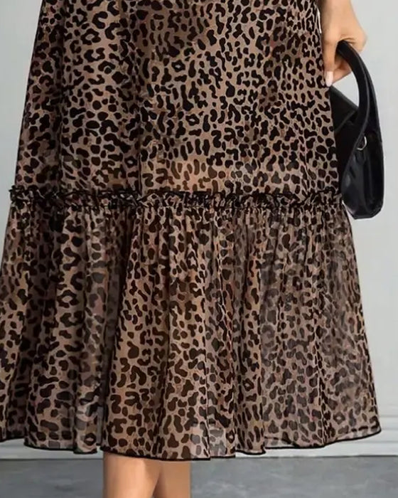 Kleid Leopard Mock Neck Mesh Midi