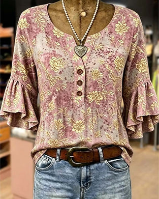 Bluse Retro-Druck locker Rüsche