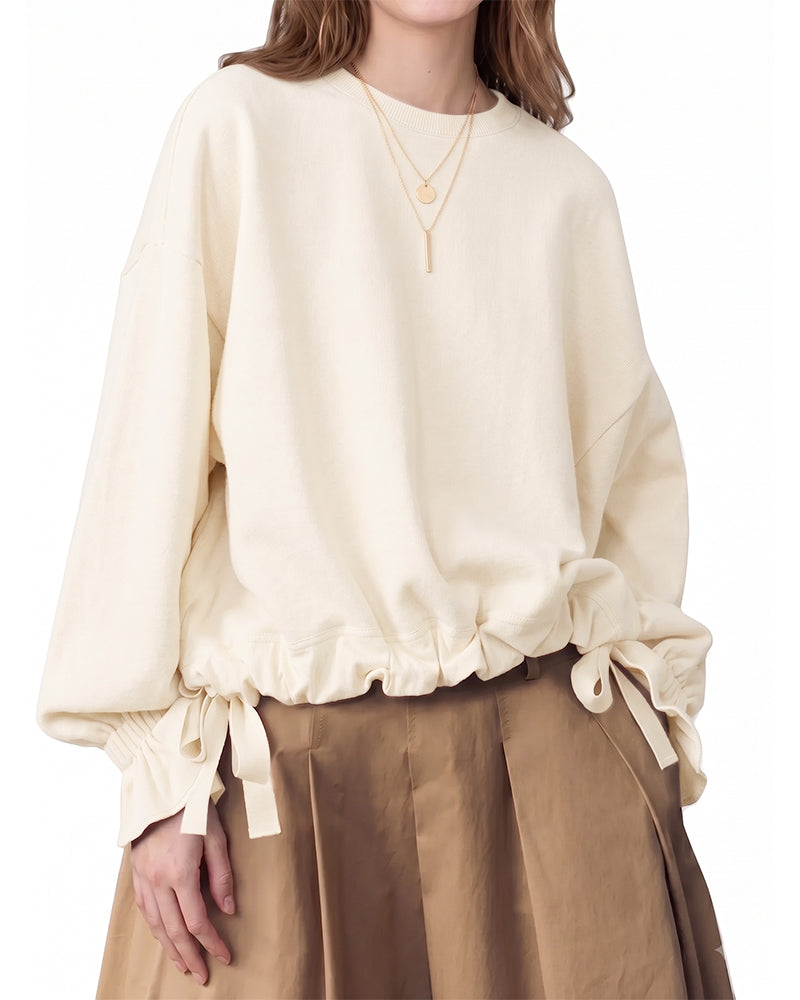 Sweatshirt Rund-Hals Rüsche Binden Elastisch