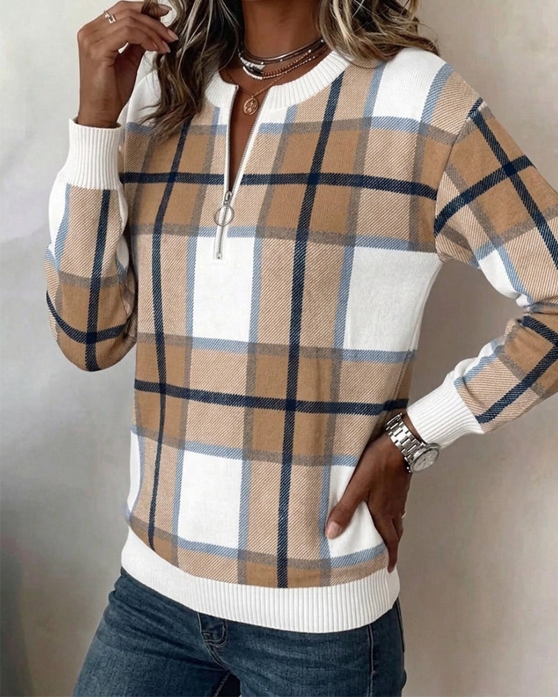Sweatshirt Kariert Halbreißverschluss Rundhalsausschnitt Pullover