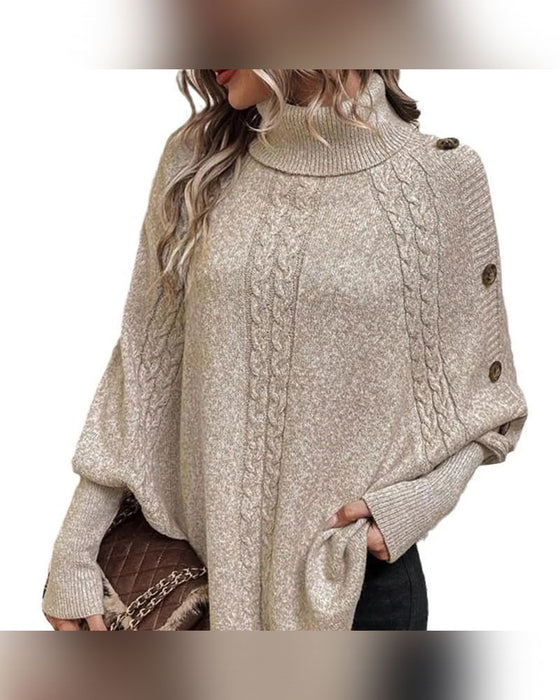 Pullover Turtleneck Unregelmäßig Zopf Knopf