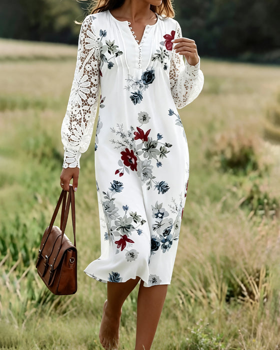 Kleid V-Ausschnitt Blumen Knopf
