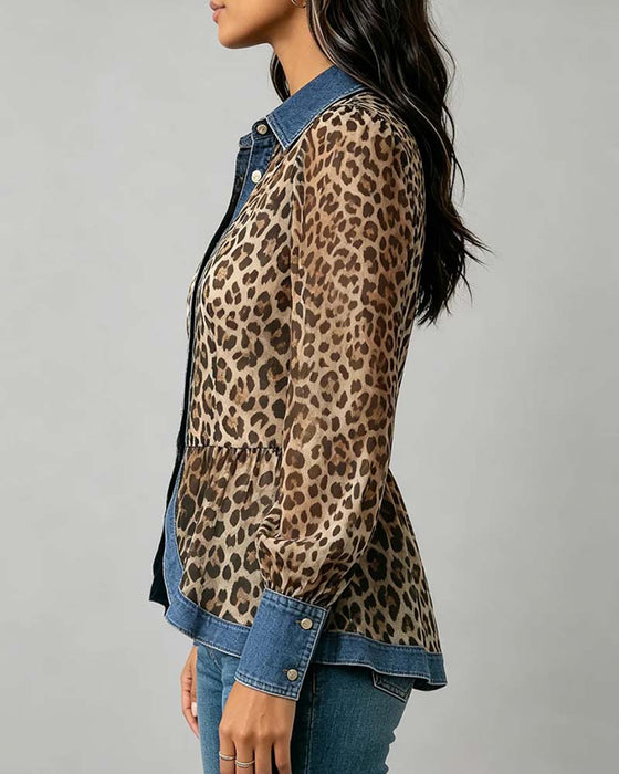 Bluse Denim Leopard Patchwork Tailliert