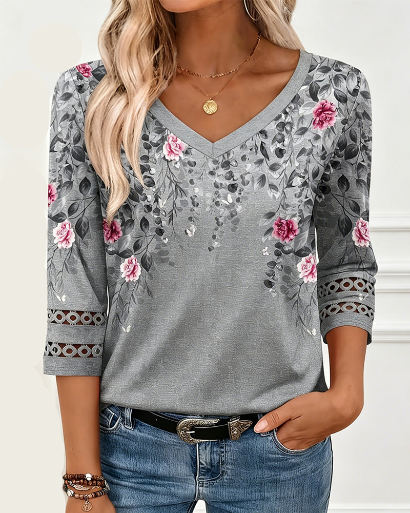 T-Shirt Blumenmuster V Ausschnitt Dreiviertelärmel