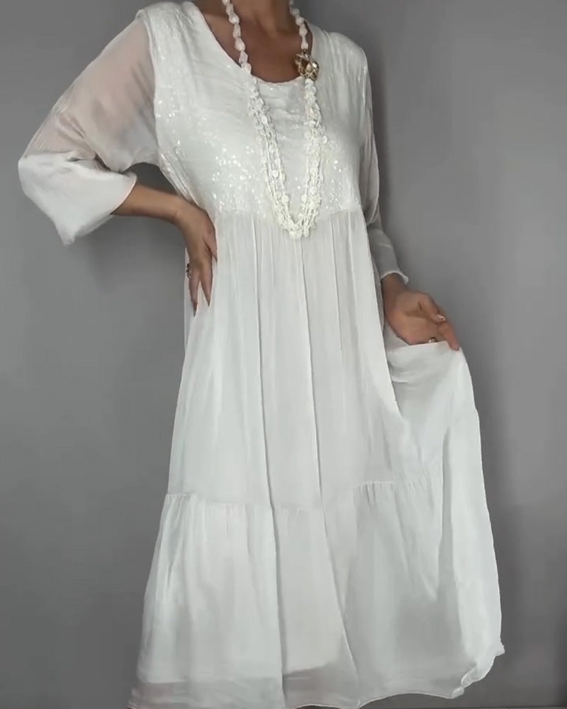 Kleid Chiffon Pailletten Patchwork Lang