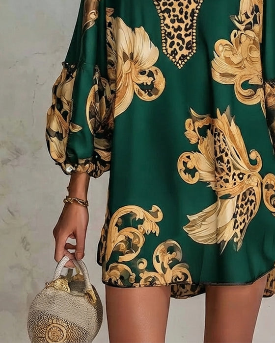 Kleid Leopard Laterne Ärmel Stehkragen Druck