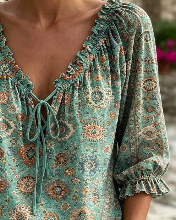 Bluse V-Ausschnitt Bindung Vintage Print