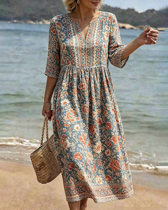 Kleid Mini V-Ausschnitt Blumen Patchwork