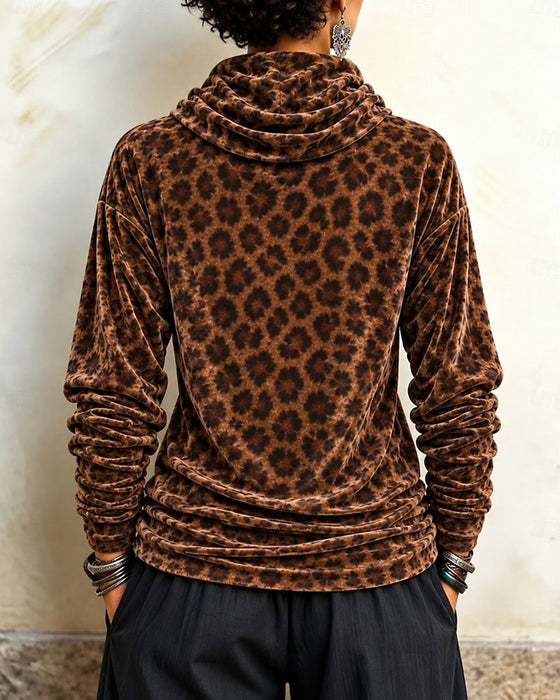 Top Leopardenmuster Rollkragen Samt Langarm