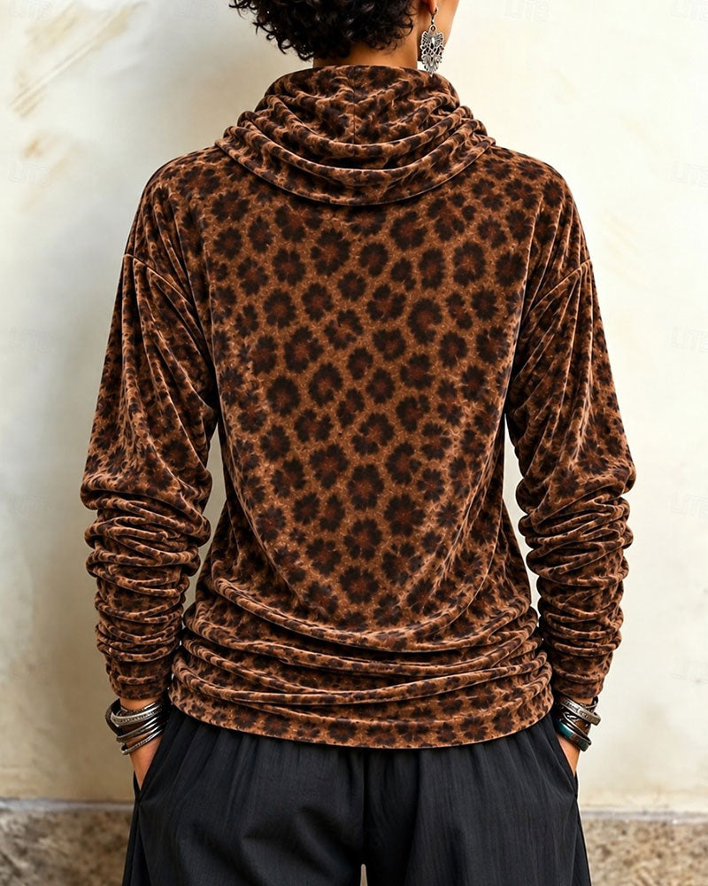 Top Leopardenmuster Rollkragen Samt Langarm