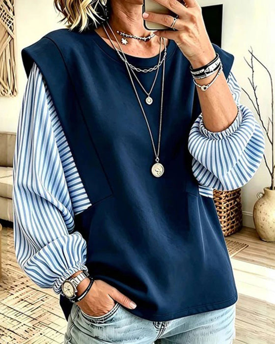 Sweatshirt Gestreift Langarm Patchwork