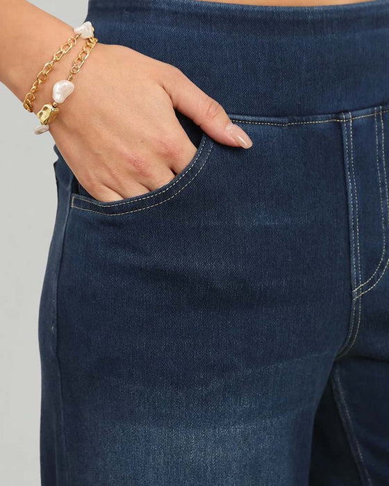 Hose Elastische Taille Denim Weites Bein