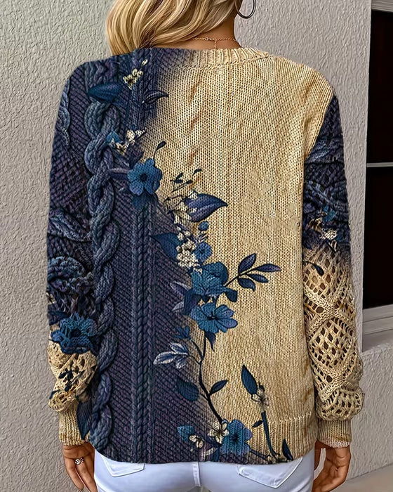 Pullover Verlauf Farbblock Blumig V-Ausschnitt Ausgeschnitten