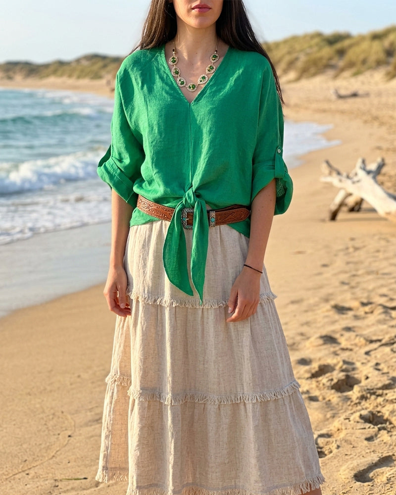 Bluse mit lockerer Passform V-Ausschnitt zum Binden vorne