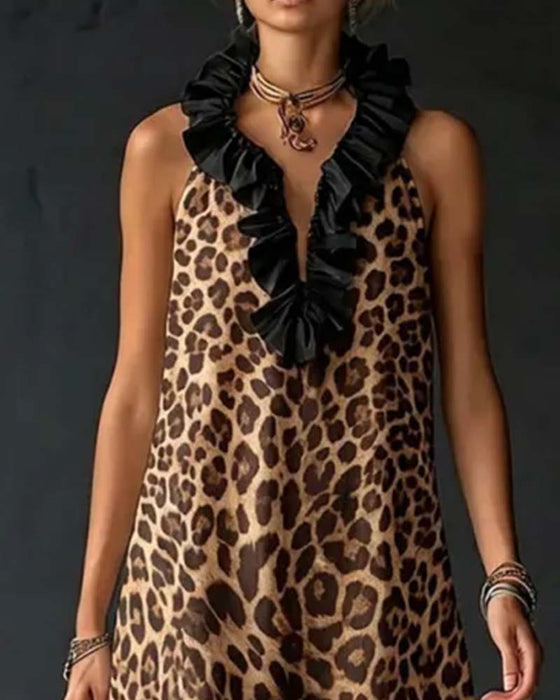 Kleid Ärmellos Rüschen Leopardenmuster
