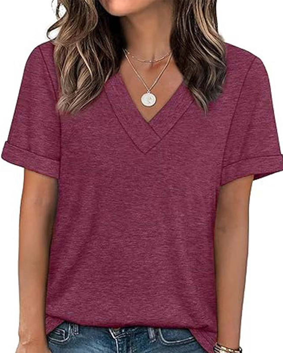 T-Shirt Einfarbig V-Ausschnitt Lässig Kurzarm