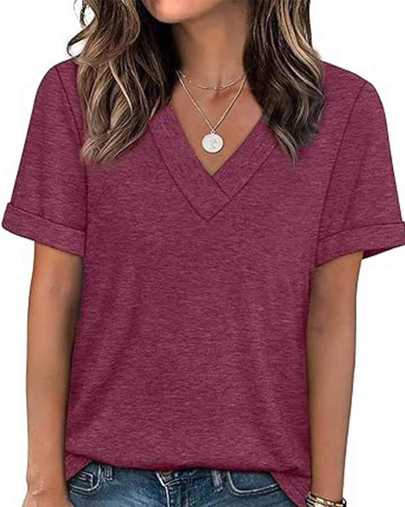 T-Shirt Einfarbig V-Ausschnitt Lässig Kurzarm