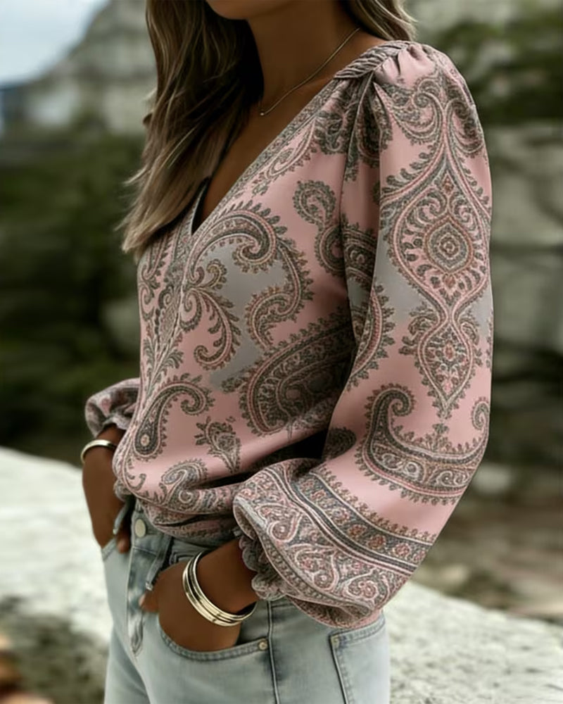 Bluse Paisley Muster V-Ausschnitt Laterne Ärmel