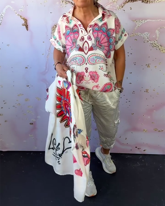 Bluse Revers Kurzarm Bedruckt