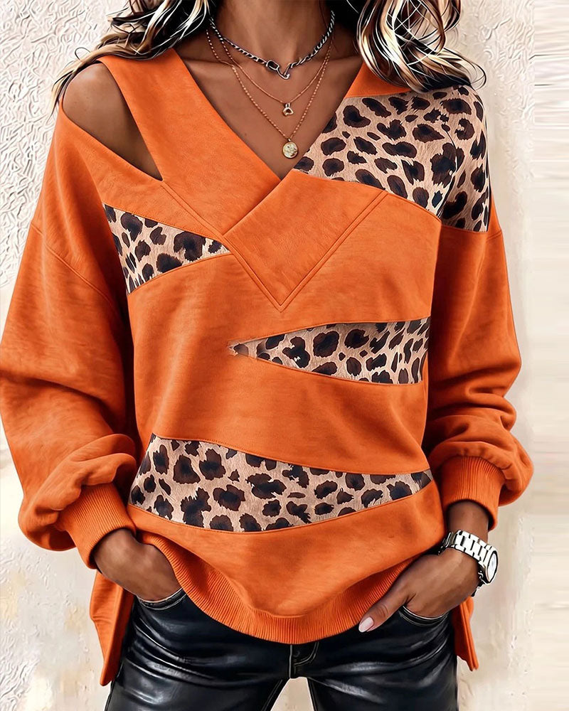 Sweatshirt Leopard Patchwork V-Ausschnitt Pullover